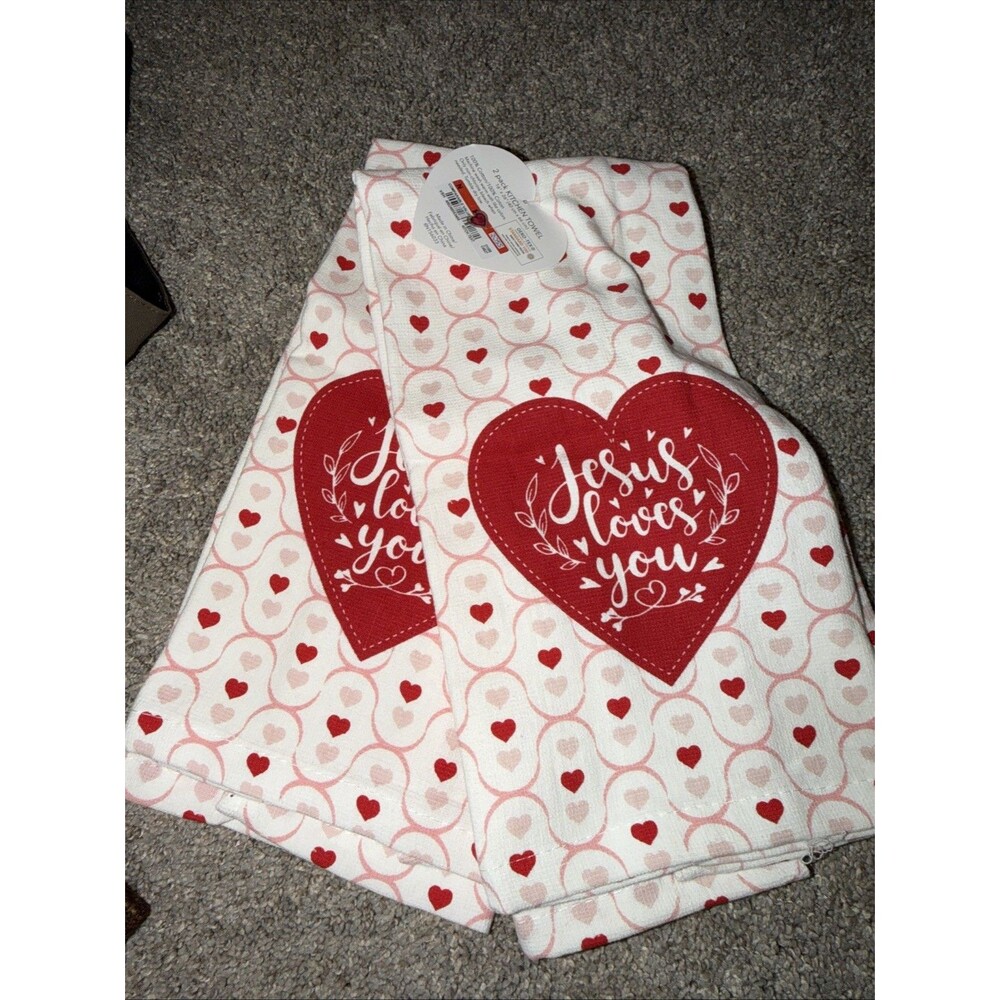 Set 2 Jesus Loves You Kitchen Towels Hearts Valentine's Day Cotton NWT OEKO-TEX